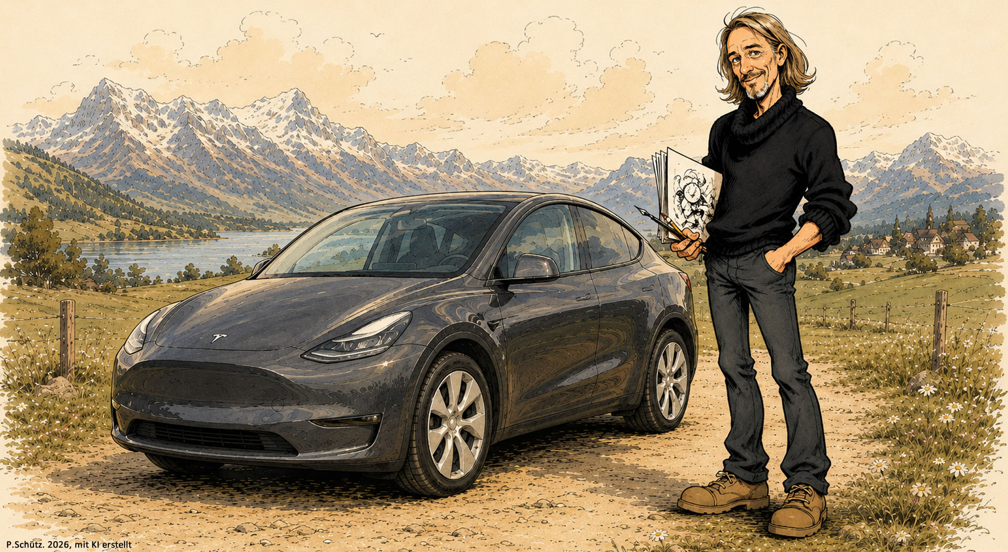 Peter Schütz mit seinem Tesla Model Y vor Schweizer Bergkulisse